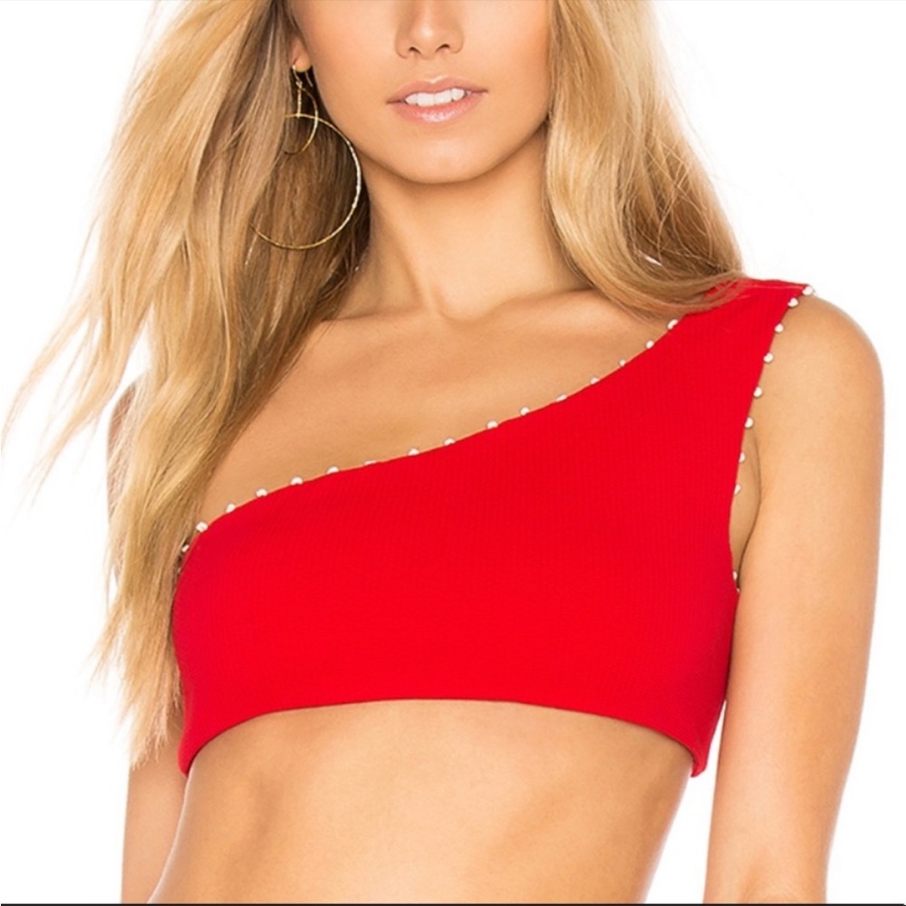Marysia Swim One-Shoulder Bikini Top in Red with Pearl Trim